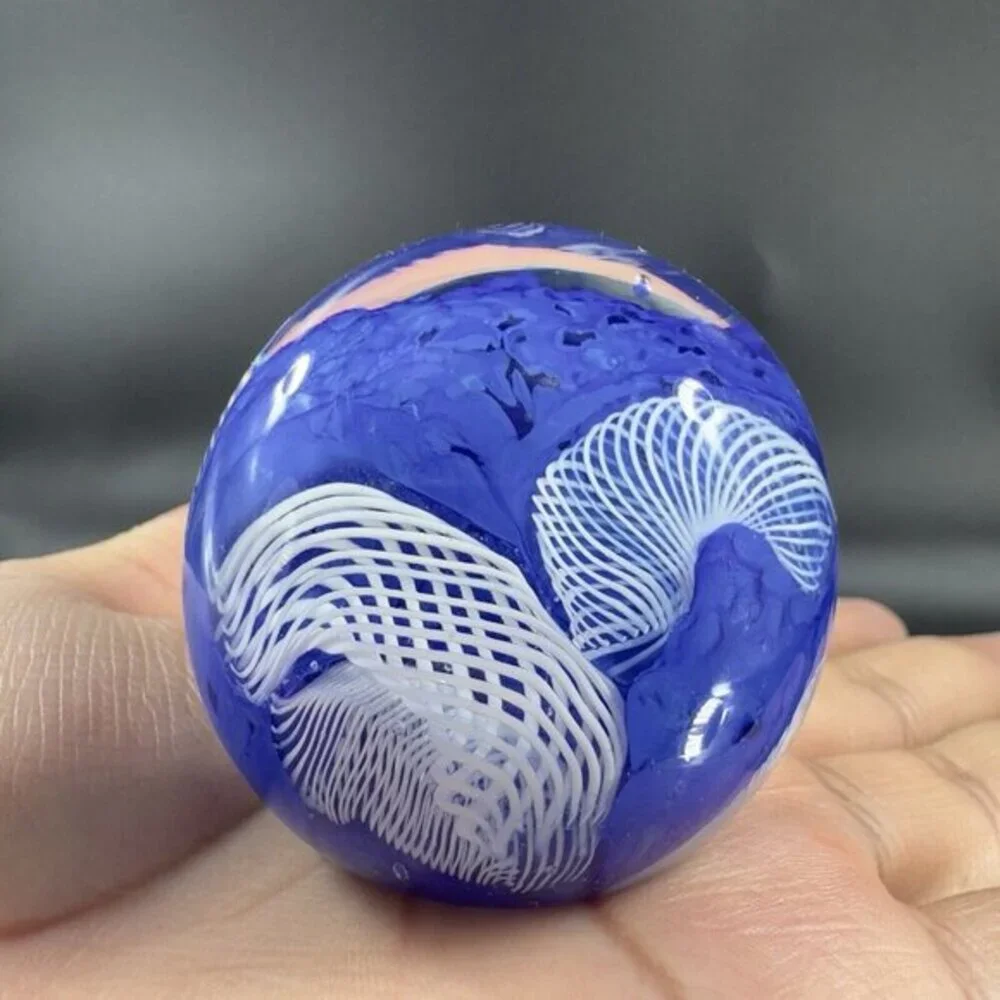 Murano Art Glass Paperweight Orb Cobalt Blue White Cane Venetian Italy Glass VTG